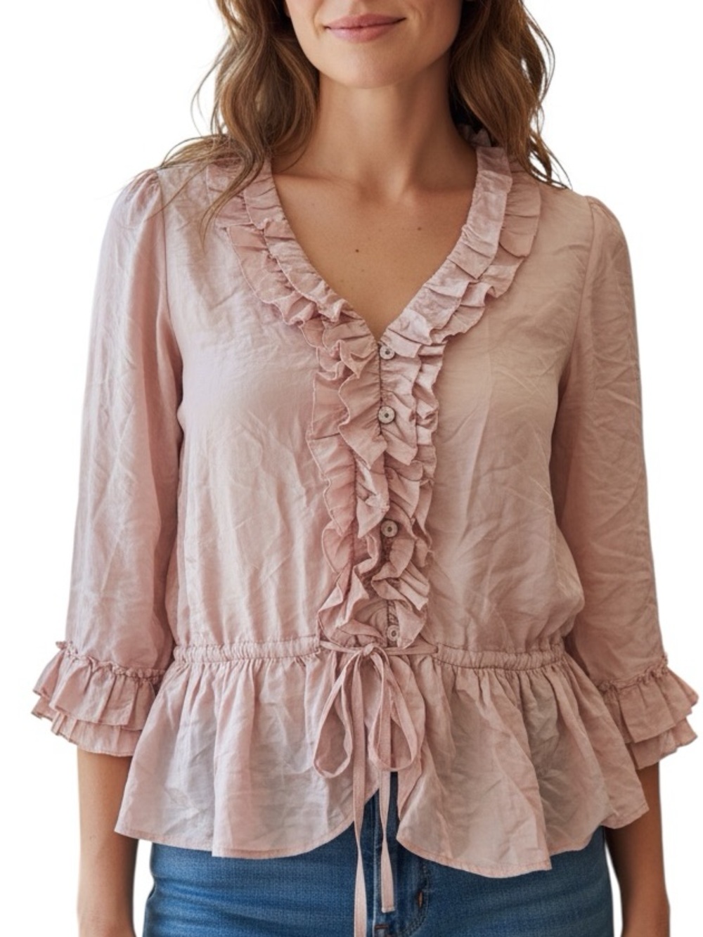 REBECCA TAYLOR: Button-Up Ruffle Collar Silk Blouse -Size 6